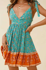 Maven Tied Shoulder Low Back Dress Flower Print Jade