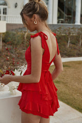 Wendy Tied Shoulder Ruched Bust Layered Ruffle Romper Red