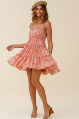 Rumi String Tie Babydoll Dress Leaf Print Pink