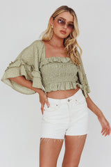 Boardwalk Bell Sleeve Crop Top Spotty Sage