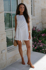 Boat Neck Side Tie Mini Dress-White