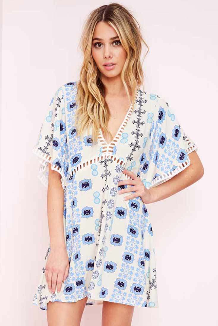 Yaritza Eyelit Mixed Print Dress Blue