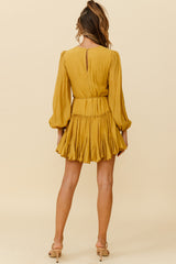 Rosabel Balloon Sleeve Fluted Hem Dress Mustard