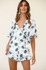 Wild Heart Bell Sleeve Wrap Romper Floral Print White