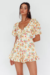 Costa Rica Puff Sleeve Romper Floral Beige