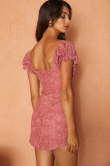 Norma Jean Puff Sleeve Cut-Out Bust Lace Mini Dress Rose