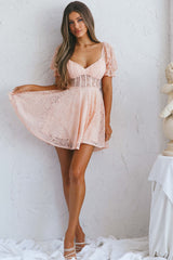 Soho Puff Sleeve Tied Back Lace Mini Dress Blush