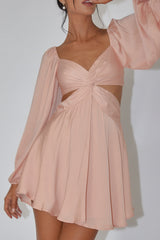 Miraya Balloon Sleeve Twist Mini Dress Peach
