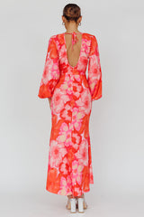 Yessica Balloon Sleeve Midi Dress Floral Pink