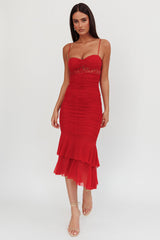 Cherubim Lace Insert Ruched Midi Dress Red