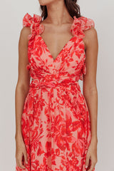 Madara Lace-Up Back Maxi Dress Floral Red