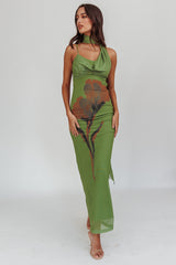 No Surprises Scarfed Floral Maxi Dress Green
