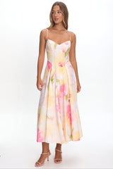 Get My Attention Pleat Waist Maxi Dress Floral Yellow