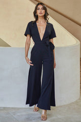 Rhone River Deep V-Neckline Wide Leg Waist Tie Jumpsuit Black