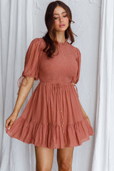 Secret Garden Puff Sleeve Smocked Bodice Dress Mocha