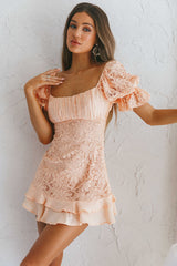 Georgia Peach Puff Sleeve Double Frill Hem Lace Dress Peach