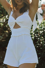 Break Of Dawn Bow Shoulder Shirred Waist Romper White