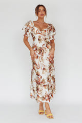 Brigita Tied Back Midi Dress Floral Brown