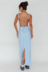 Dream Crush Lace-Up Back Mesh Overlay Midi Dress Blue