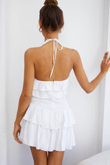 Kristy Halterneck Shirred Bodice Ruffle Mini Dress White