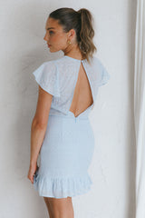Moving On Flutter Sleeve String Tie Waist Eyelet Mini Dress Steel Blue