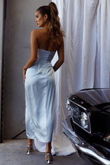 Gianna Strapless Waist Tie Midi Dress Steel Blue