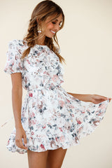 Finders Keepers Ruffle Trim Lace-Up Back Dress Floral Print White