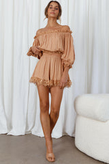 Romilly Scalloped Lace Trim Off-Shoulder Top Tan