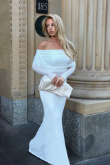 Marlowe Off-Shoulder Sheer Waist Maxi Dress Off White