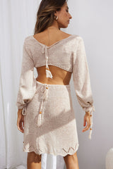 Out Of Office Long Sleeve Cut-Out Knit Mini Dress Beige