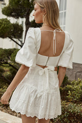 Glow Up Eyelet Embroidery Waist Tie Mini Skirt White