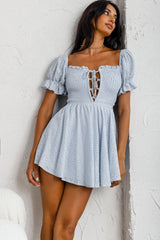 Buongiorno Bella Shirred Lace Up Bodice Mini Dress Blue
