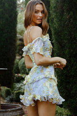Maranda Bardot Lace-Up Bust Dress Floral Print Yellow