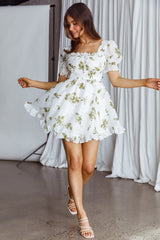 Summer In Paris Puff Sleeve Open Back Dress Floral Olive