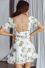 Summer In Paris Puff Sleeve Open Back Dress Floral Olive