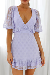 Katherine Puff Sleeve Floral Lace Frill Dress Lavender
