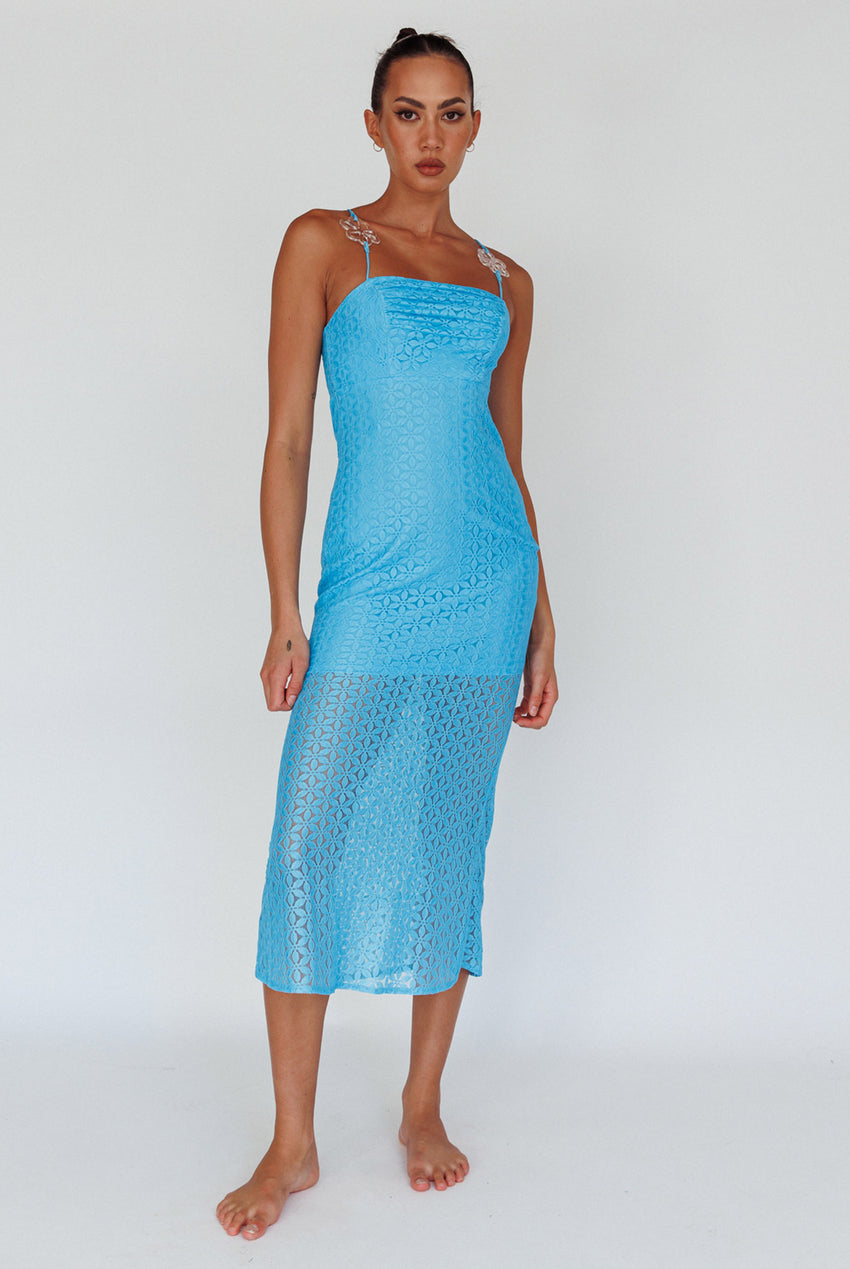 Lazy Daisy Flower Strap Midi Dress Blue