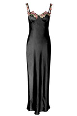 Rose Garden Floral Applique Midi Dress Black