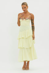 Rose Garden Tiered Ruffle Floral Trim Dress Lemon