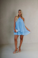 Alexandra Pleated Halter Mini Dress-Blue