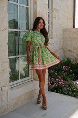 Janie Floral Belted Mini Dress-Green Multi