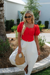 Clara Scalloped Lace Trim Top-Red