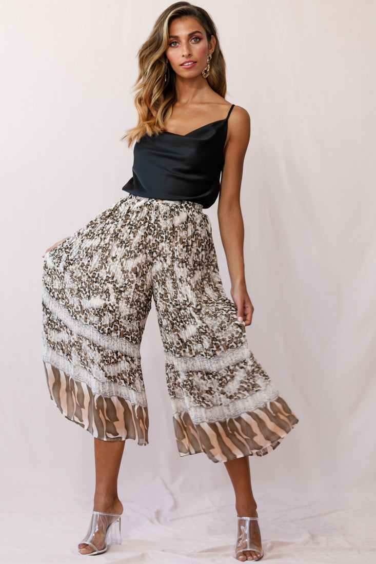 Gemini Accordion Pleat Wide Leg Pants Brown Leopard