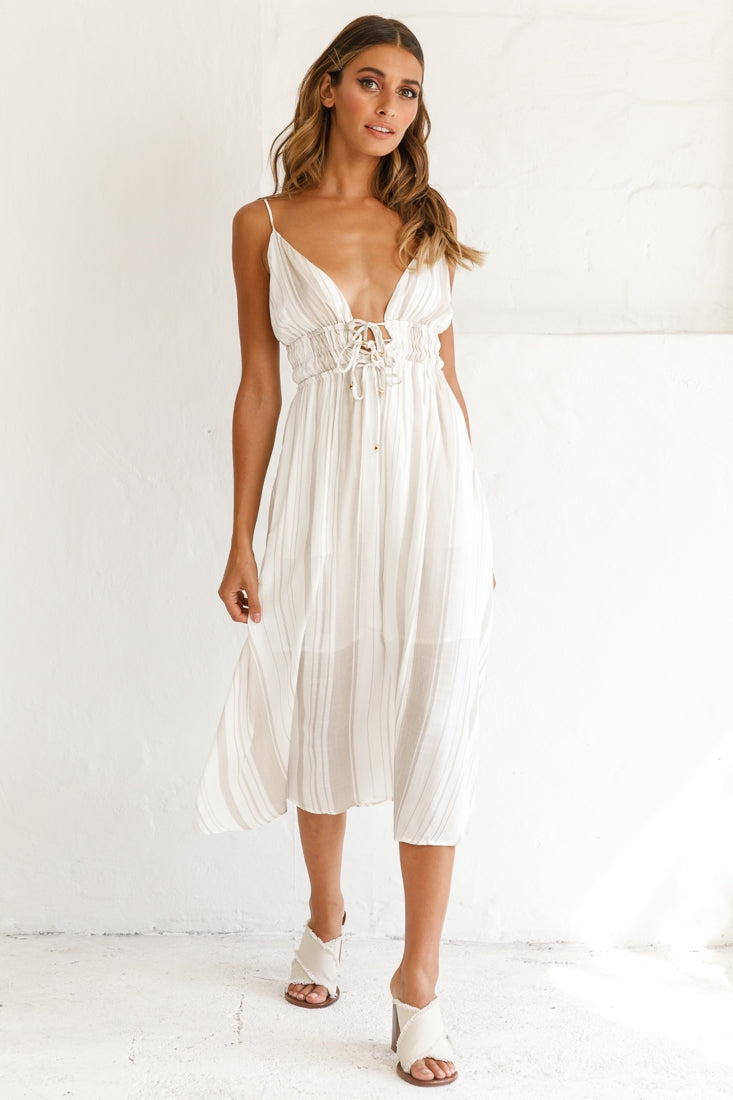 Hosanna Drawstring Detail Pocket Midi Dress Stripe Print Mocha
