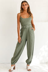 Santa Barbara Cuffed Hem Belted Jumpsuit Olive