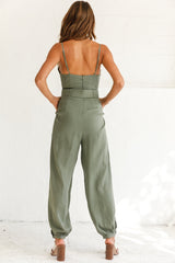 Santa Barbara Cuffed Hem Belted Jumpsuit Olive