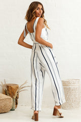 Fresno Straight Leg Pinafore Jumpsuit Stripe Print Navy