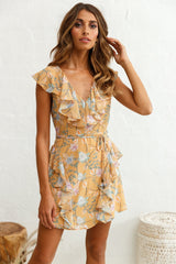 Pretty Please Frill Detail Tie-Back Dress Floral Print Mustard