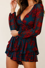 Maddox Fit & Flare Long Sleeve Romper Floral Print Green