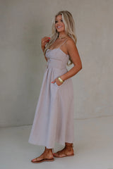 Sweet Escape Picnic Bow Dress-Taupe/White